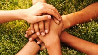 A group of interlocking hands form a ring on the grass symbolizing cooperation and unity.