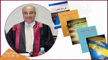 صورة لرجل يرتدي رداء أكاديمي، يجلس أمام مجموعة من الكتب المعروضة. الكتب تتناول مواضيع فكرية ودينية، تظهر عناوينها بشكل واضح. الخلفية مزخرفة بأشكال إسلامية.