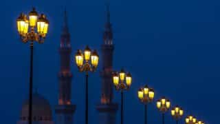 Lighting columns lit in the front, with two minarets and a mosque dome in the back of the night.