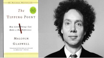 صورة لغلاف كتاب "نقطة التحول" للكاتب مالكولم جلادويل، يظهر على الجانب الأيسر عنوان الكتاب مع علامة تشير إلى أنه من أكثر الكتب مبيعًا، وعلى الجانب الأيمن صورة شخصية لمالكولم جلادويل.