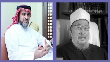 صورة لشخصيتين بارزتين في مجال الدين. على اليسار، رجل يرتدي الثوب السعودي والجلباب، يتحدث بجدية. على اليمين، شخصية دينية مسنّة ترتدي عمامة ونظارات، يبدو في حالة تأمل. الخلفية تحتوي على كتب دينية وأدوات تعليمية.