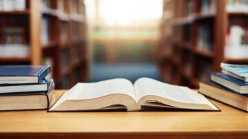 كتاب مفتوح على طاولة في مكتبة، محاط بمجموعة من الكتب المغلقة. خلفية المكتبة تحتوي على رفوف مليئة بالكتب. الضوء الطبيعي يتخلل المكان، مما يخلق أجواء هادئة ومناسبة للقراءة والدراسة.