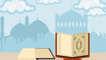 كتاب مفتوح مع خلفية لمآذن وأبنية تاريخية تحت سماء مزخرفة بالغيوم. تصميم بسيط يجمع بين الثقافة والتراث.