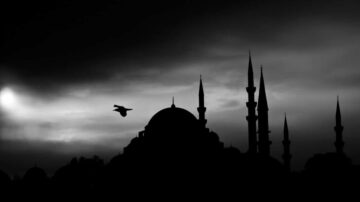 صورة بالأبيض والأسود لمشهد غامض يظهر صومعة بارتفاعات مختلفة مع قبة، في خلفية سماء مظلمة مع غيوم. طائر يطير فوق المعلم، مما يضفي شعوراً بالحركة والحرية.