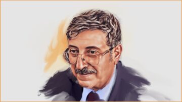 صورة توضح رسمًا تعبيريًا لرجل في منتصف العمر يرتدي نظارات وقميصًا مع ربطة عنق. تعبير وجهه يظهر الود والذكاء. الخلفية بسيطة بألوان دافئة، مما يبرز ملامح وجهه بشكل واضح.