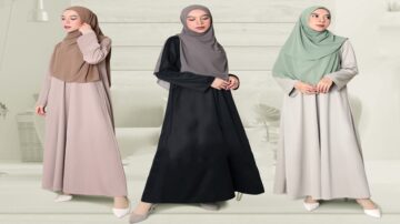 فستان محتشم أنيق مع حجاب، يتضمن ثلاثة ألوان: البيج، الأسود، والأخضر الفاتح. يظهر الموديل في وضعيات مختلفة، مع خلفية بسيطة تعكس الأناقة والراحة. مثالي للنساء الباحثات عن أزياء عصرية ومحتشمة.