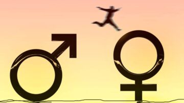 صورة توضح رمزين يشيران إلى الذكر والأنثى، مع شخص يقفز بين الرمزين. الخلفية ملونة بتدرجات دافئة. تعكس الصورة موضوعات الهوية الجندرية والتوازن بين الجنسين.