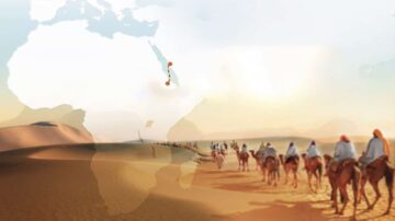 قافلة من الجمال تسير عبر الصحراء مع خريطة توضح موقعها في شمال إفريقيا. تضفي الألوان الدافئة للخلفية شعورًا بالرحلة والمغامرة.