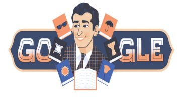 صورة توضيحية لجوجل تحتفل بشخصية تاريخية، مع رسم لرجل مبتسم يرتدي بدلة، محاط بكتب وأيقونات تمثل مواضيع متنوعة مثل النظارات الشمسية والمظلة. التصميم يعكس الإبداع والذكاء في الثقافة.