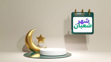 تظهر الصورة تصميمًا ثلاثي الأبعاد يتضمن هلالًا ونجمة ذهبية، بالإضافة إلى تقويم يحمل كلمة "شعبان" بألوان زاهية. الخلفية بلون رمادي فاتح، مما يبرز العناصر بشكل أنيق.