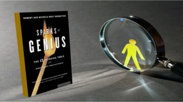 كتاب "شرارات العبقرية" لمؤلفيه روبرت وميشيل روت-برغنشتاين، يظهر بجانب عدسة مكبرة تُبرز رمز إنسان أصفر. الكتاب يتناول 13 أداة تفكير يستخدمها أكثر الأشخاص إبداعاً. تصميم جذاب يجمع بين عناصر الإبداع والتحليل.