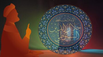 صورة تظهر شخصية مُعظّمة تشير بإصبعها، مع خلفية ملونة. في منتصف الصورة، يظهر شعار يتضمن نصًا عربيًا مزخرفًا يعبّر عن أهمية الدين. التصميم يجمع بين العناصر التقليدية والحديثة، مما يعكس روح الثقافة الإسلامية.