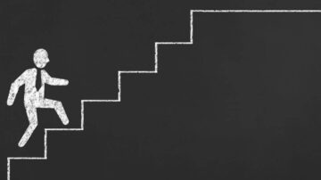 رسم توضيحي يمثل شخصًا يرتدي بدلة يتسلق درجات السلم، مما يرمز إلى النجاح والتقدم في الحياة أو العمل.