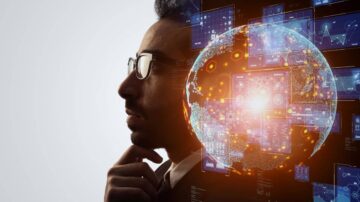 رجل يرتدي نظارات، يتأمل بينما تظهر صورة ثلاثية الأبعاد لكوكب الأرض محاطة بالبيانات والتكنولوجيا. الخلفية تحتوي على رسومات بيانية وشاشات معلومات، تعكس الابتكار والتقدم في عالم البيانات.