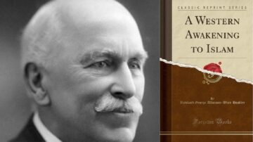 صورة لرجل مسن ذو شارب أبيض، يظهر على الجانب الأيسر، مع غلاف كتاب بعنوان "صحوة غربية للإسلام" للمؤلف رولاند جورج أليسون-وين هوتلي. الغلاف مزين بتصميم كلاسيكي ويحتوي على شعار "كتب منسية".