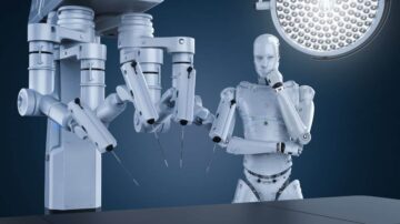 روبوت جراحي متقدم يستخدم أذرعًا آلية دقيقة، مع إنسان آلي يفكر بجانب طاولة العمليات، تحت ضوء جراحي ساطع.