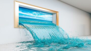صورة لجدار أبيض يحتوي على إطار ذهبي، يظهر من خلاله مشهد لشاطئ بحر جميل، حيث يتدفق الماء الأزرق من الصورة وكأنه يتساقط في الغرفة.