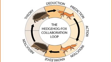 حلقة التعاون بين القنفذ والثعلب توضح عملية التفكير. تتضمن الخطوات: النظرية، الاستدلال، التنبؤ، العمل، الاستنتاج، والاستنباط. الرسم يبين القنفذ والثعلب كرموز لكل خطوة، مما يعكس تفاعل الأفكار والنهج المختلفة في حل المشكلات.