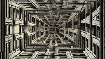 تصميم ثلاثي الأبعاد لمتاهة معقدة تتكون من خطوط وزوايا متداخلة، تظهر من منظور علوي وتخلق تأثير عمق بصري. الألوان تتراوح بين الأسود والرمادي مع لمسات من اللون البيج، مما يضيف طابعًا فنيًا وغامضًا.