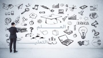 رجل يرتدي بدلة يقف أمام جدار مغطى برسومات توضيحية تتعلق بالتعليم، تتضمن رموزًا مثل قبعة التخرج، وأفكار، ومخططات، وأجهزة كمبيوتر، ومؤشرات نمو، مما يعكس أهمية العلم والتعليم في تطوير الأفكار والمشاريع.