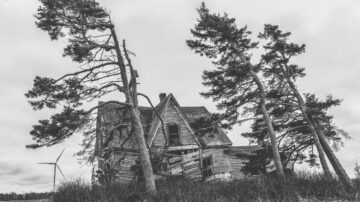 منزل مهجور مائل محاط بأشجار متمايلة، مع توربينات رياح في الخلفية، يظهر في صورة بالأبيض والأسود تعكس طابعًا قديمًا وموحشًا.