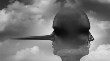 صورة تجريدية لرجلين متقابلين، أحدهما يحمل أنفًا طويلًا، مما يرمز إلى الكذب. الخلفية تتكون من غيوم داكنة، مما يضيف جواً درامياً للصورة. تعكس الصورة مفهوم الحقيقة والكذب.