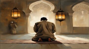 رجل يُصلي في مسجد تقليدي، يواجه الضوء القادم من النوافذ المزخرفة، مع وجود فوانيس متدلية تضفي جوًا روحيًا. الإضاءة تخلق جوًا هادئًا يعكس لحظة تأمل وخشوع.