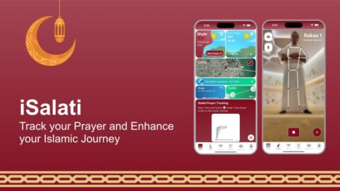 Mobile app interface for iSalati, showcasing features for tracking prayer times and enhancing the Islamic journey. The left screen displays a prayer schedule and Qibla direction, while the right screen illustrates a figure in a prayer position, indicating Raka'a. A decorative crescent moon and lantern adorn the background, emphasizing the theme of spirituality.