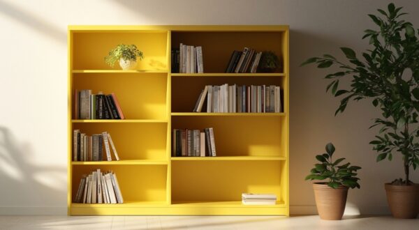 أرفف كتب صفراء تتضمن مجموعة متنوعة من الكتب والديكورات، مع نباتات خضراء في أصص، تضفي لمسة من الحيوية على المكان.