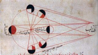 رسم يوضح مسارات الضوء وتأثيره على الأجسام، مع توضيح الظلال والأشكال المختلفة. يتضمن الرسم أشكالًا دائرية وخطوطًا حمراء، مما يعكس دراسة فيزيائية حول الضوء.