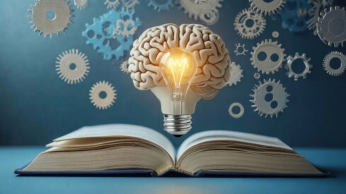 صورة تظهر كتاب مفتوح مع دماغ ثلاثي الأبعاد يحمل مصباحًا مضيئًا في وسطه. تحيط بالدماغ تروس ورقية، مما يرمز إلى الأفكار والإبداع. تعكس الصورة مفهوم التعليم والابتكار.