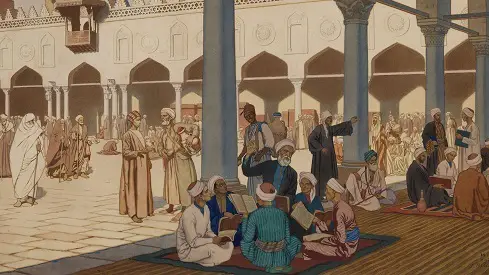 رسم تاريخي يظهر مجموعة من الرجال في ساحة مسجد، يجلس البعض على السجاد ويقرؤون، بينما يتحدث آخرون. العمارة الإسلامية التقليدية تحيط بالمكان، مع أعمدة وأقواس، مما يعكس الثقافة والتراث العربي.