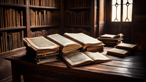 مكتبة دافئة تحتوي على كتب قديمة مفتوحة، مع التركيز على تفاصيل الصفحات. الأرفف ممتلئة بكتب مغلقة، والإضاءة الطبيعية تتسلل من نافذة، مما يخلق جوًا من المعرفة والتراث.