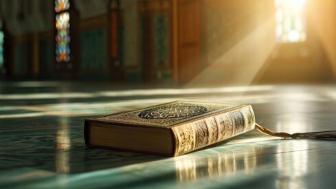 كتاب قرآني مفتوح على أرضية مسجد مع أشعة الشمس تتسلل من النوافذ الملونة، مما يخلق جوًا روحانيًا وهادئًا.