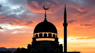 Silhouette of a mosque with a prominent dome and minaret against a vibrant sunset sky, featuring clouds in shades of orange and purple.