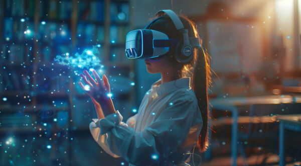 فتاة تستخدم نظارات الواقع الافتراضي، مع تأثيرات ضوئية ساطعة حول يديها. تظهر في بيئة دراسية مضاءة بألوان دافئة، تعبر عن تجربة تفاعلية في عالم افتراضي.