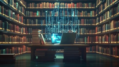 مكتبة تحتوي على رفوف مليئة بالكتب، مع مكتب في المنتصف مزود بجهاز كمبيوتر محمول وشاشة تعرض بيانات رقمية. الإضاءة خافتة، مما يضفي جواً غامضاً لتقنيات المعلومات والمعرفة.