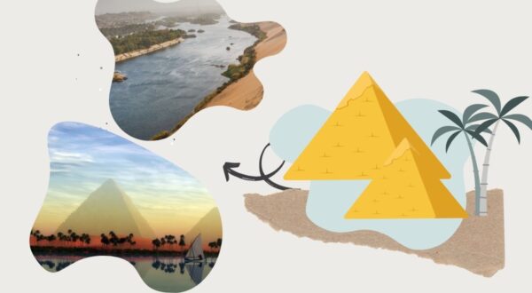 نهر النيل يتدفق عبر المناظر الطبيعية، مع ظهور أهرامات مصر في الخلفية. يُظهر التصميم الجمالي أشجار النخيل وألوان دافئة تعكس غروب الشمس، مما يبرز جمال الثقافة المصرية.