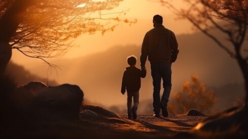 رجل وطفل يسيران معًا على ممر طبيعي تحت ضوء الغروب الدافئ، مع أشجار وأحجار محيطة. المنظر يعكس لحظة من الألفة والهدوء في الطبيعة.