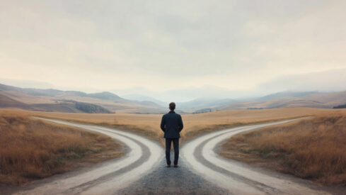 Person standing at a crossroads in a rural landscape, with two diverging paths surrounded by golden fields and distant mountains under a cloudy sky. The scene symbolizes decision-making and life choices.