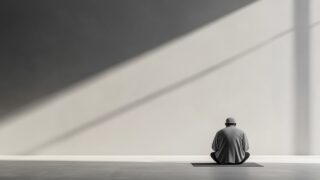 رجل يجلس متأملاً على سجادة في مساحة داخلية بسيطة، مع جدار رمادي مضاء بأشعة الشمس. تعكس الصورة أجواء من الهدوء والتفكر، مما يعزز التركيز على التأمل والسكينة.