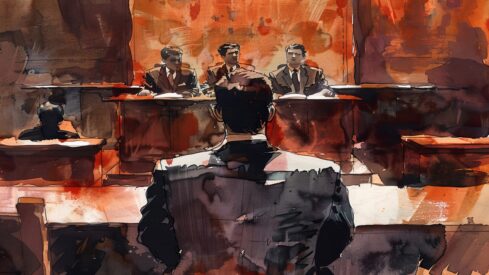 رسم توضيحي لمشهد محكمة يظهر شخصًا واقفًا أمام ثلاثة قضاة يجلسون خلف مكاتبهم. الألوان دافئة وتعبيرية، تعكس أجواء التوتر في قاعة المحكمة.