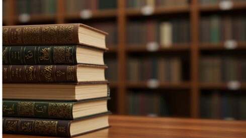 كتب عربية قديمة موضوعة بشكل أنيق على طاولة خشبية، مع خلفية تحتوي على رفوف مليئة بالكتب في مكتبة.
