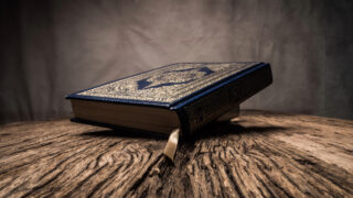 A beautifully crafted blue book with intricate gold detailing rests on a rustic wooden surface, showcasing its elegant design and textured spine against a muted background.