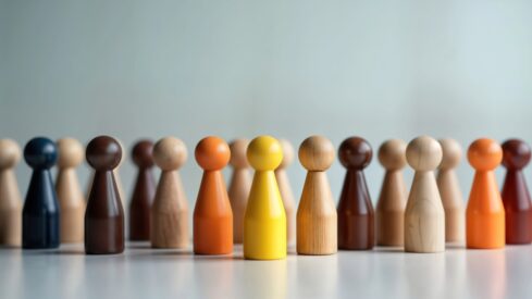مجموعة من الأشكال الخشبية الملونة، تمثل شخصيات مختلفة، مرتبة في صفوف. الأشكال تتنوع بين اللون البني الداكن، الأسود، الأصفر، البرتقالي، والأبيض، مما يضيف عنصرًا بصريًا جذابًا. خلفية الصورة بسيطة، مما يبرز التفاصيل الدقيقة للأشكال.