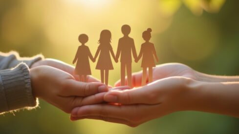 أيدٍ تحمل أشخاصًا ورقيين يمثلون العائلة أو الوحدة، مع خلفية مشمسة تعكس أجواء من الأمل والترابط.