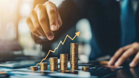 يد تشير إلى رسم بياني يظهر زيادة في الأرباح مع أكوام من العملات المعدنية تتصاعد في الارتفاع، مما يعكس مفهوم النمو المالي والنجاح في الأعمال.