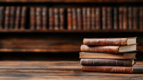 مجموعة من الكتب القديمة مرتبة بشكل عمودي على طاولة خشبية، مع خلفية تحتوي على رفوف مليئة بالكتب.