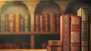 كتب ملونة ذات أغلفة مزخرفة موضوعة على طاولة، مع خلفية تضم رفوف كتب قديمة. تعكس الألوان والتفاصيل التراث الثقافي والأدبي.