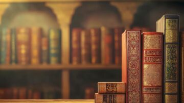 كتب ملونة ذات أغلفة مزخرفة موضوعة على طاولة، مع خلفية تضم رفوف كتب قديمة. تعكس الألوان والتفاصيل التراث الثقافي والأدبي.